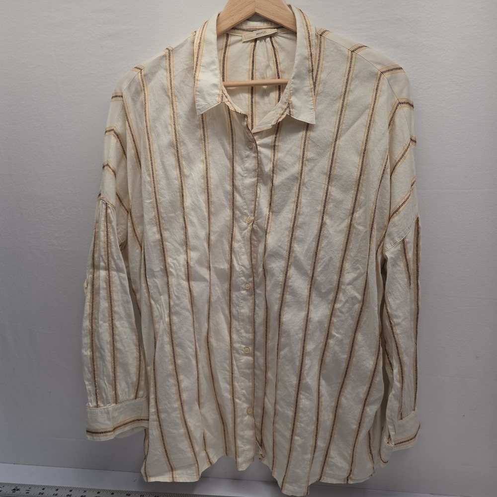 Sessun Botan Striped Button Down Shirt Cream Yellow Brown Size L Cotton Silk